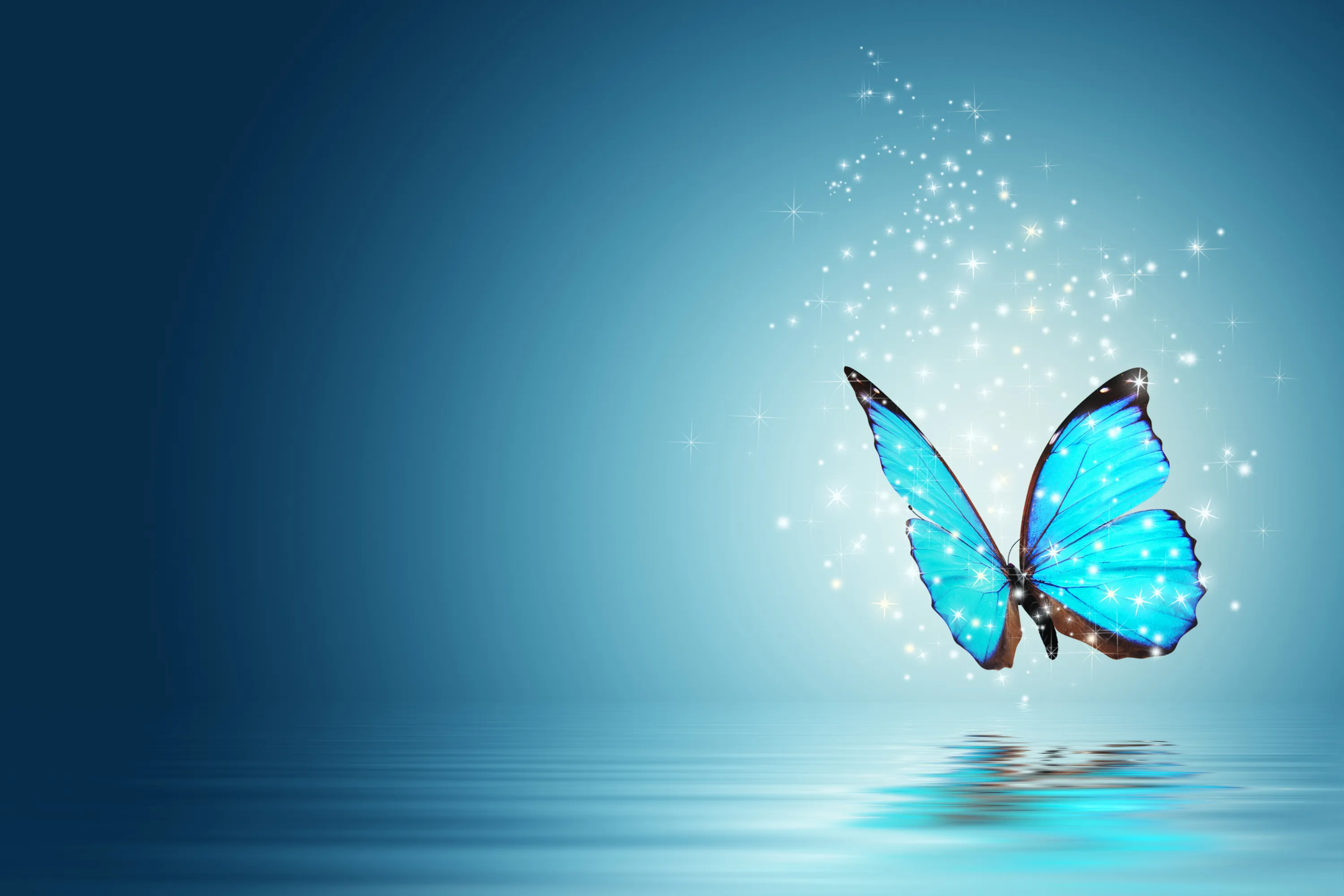 A luminous butterfly rising over still water